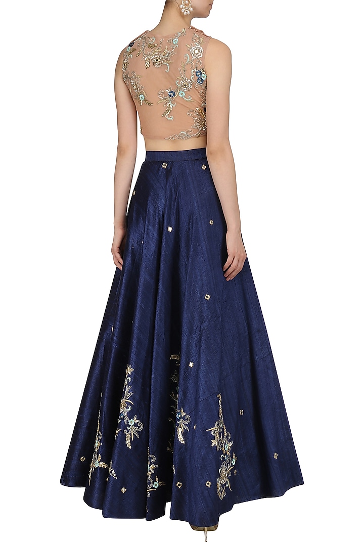 Navy blue and nude embroidered lehenga set available only at Pernia's Pop Up Shop.