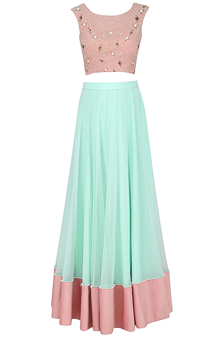 Mint and blush pink lehenga set available only at Pernia's Pop Up Shop.