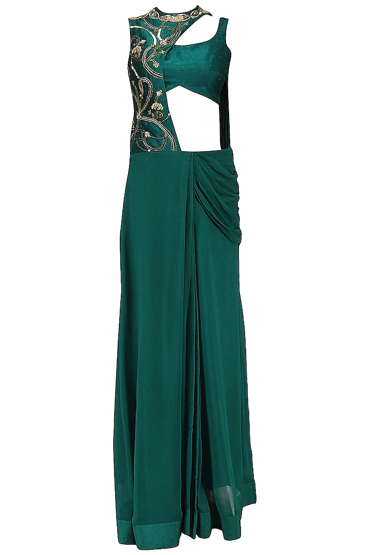 Teal Embroidered Draped Saree with Blouse by Renee Label