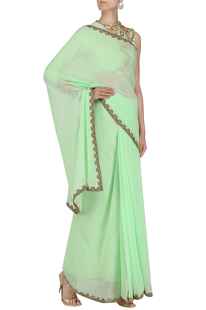 Pistachio embroidered saree with blouse available only at Pernia's Pop Up Shop.