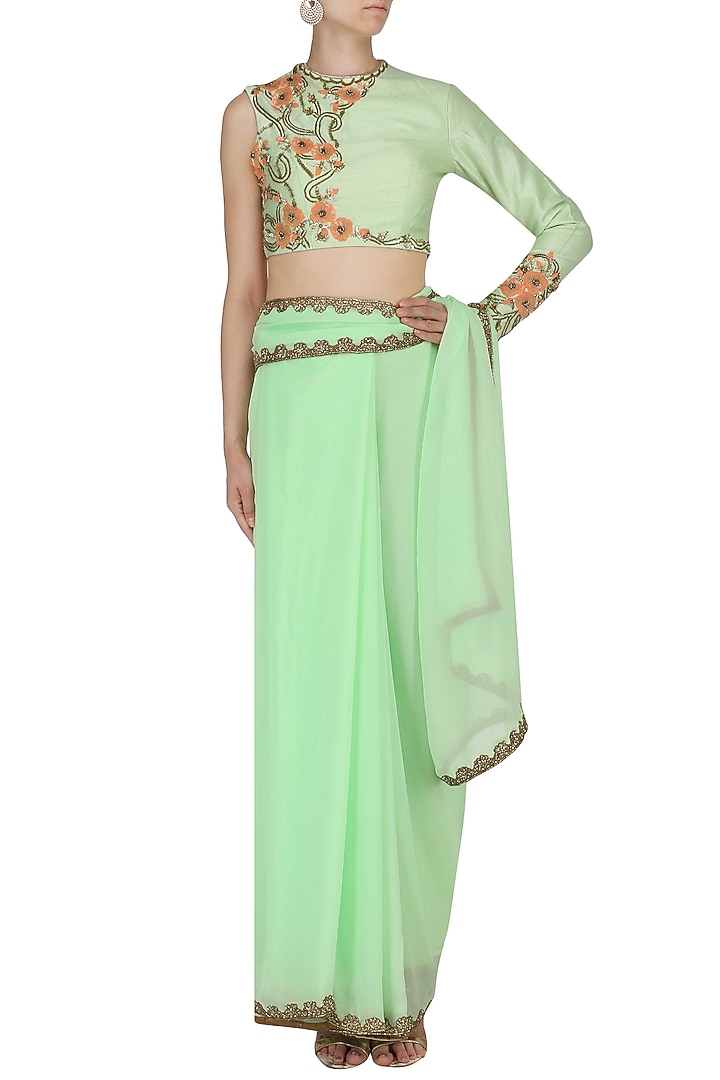Pistachio embroidered saree with blouse available only at Pernia's Pop Up Shop.