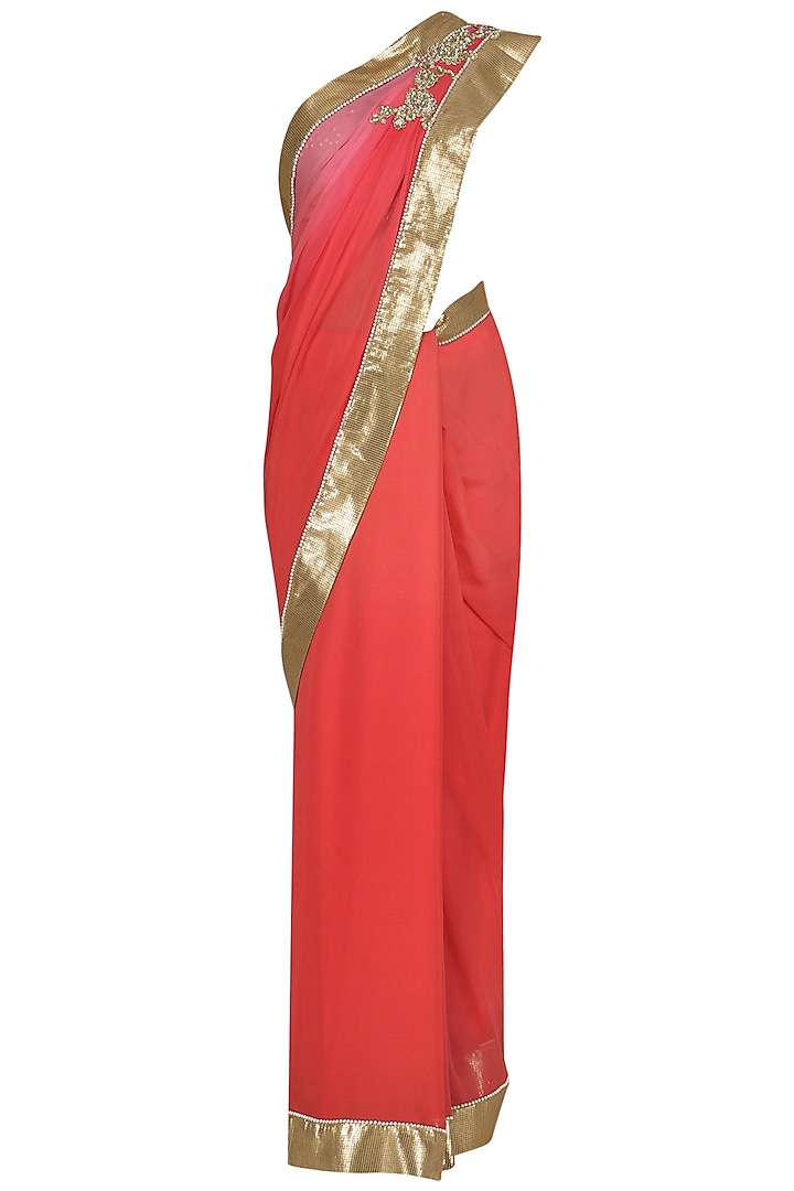 Tangerine and Red Ombre Embroidered Saree with Blouse by Renee Label