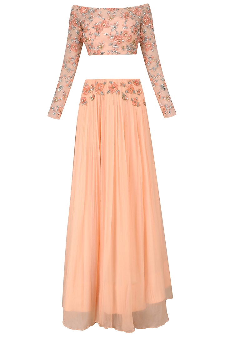 Blush Rose Embroidered Net Crop Top with Crushed Skirt by Renee Label