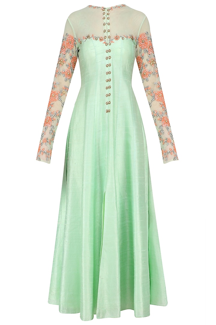 Pistachio Rose embroidered kalidar kurta palazzo set available only at Pernia's Pop Up Shop.
