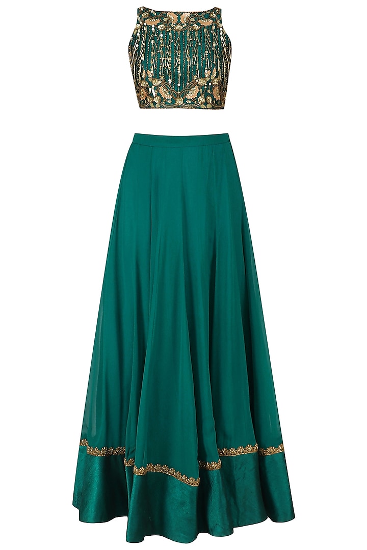 Teal nouveau embroidered tassel crop top lehenga set available only at Pernia's Pop Up Shop.