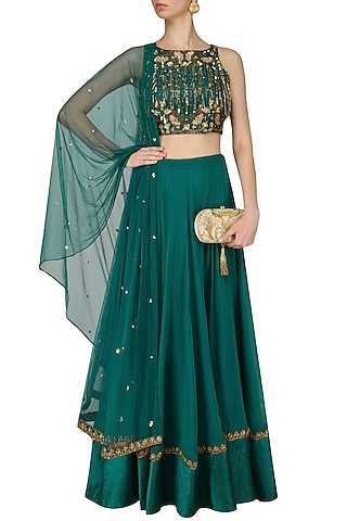 Teal Nouveau Embroidered Tassel Crop Top Lehenga Set by Renee Label