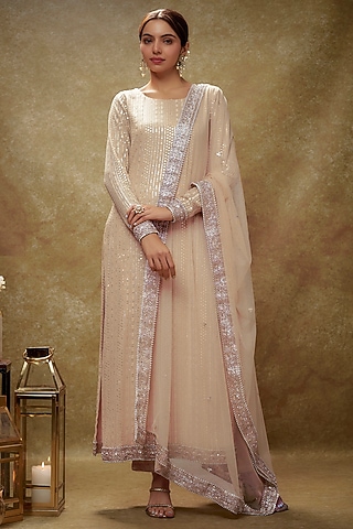 Champagne Gold Viscose Georgette Sequins Embroidered Kurta Set by Renee Label
