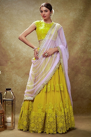 Haldi Yellow Soft Net Sequins Embroidered Lehenga Set by Renee Label