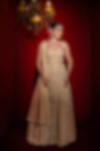 Champagne Gold Viscose Georgette Sequins Embroidered Wedding Anarkali Set by Renee Label at Pernia's Pop Up Shop