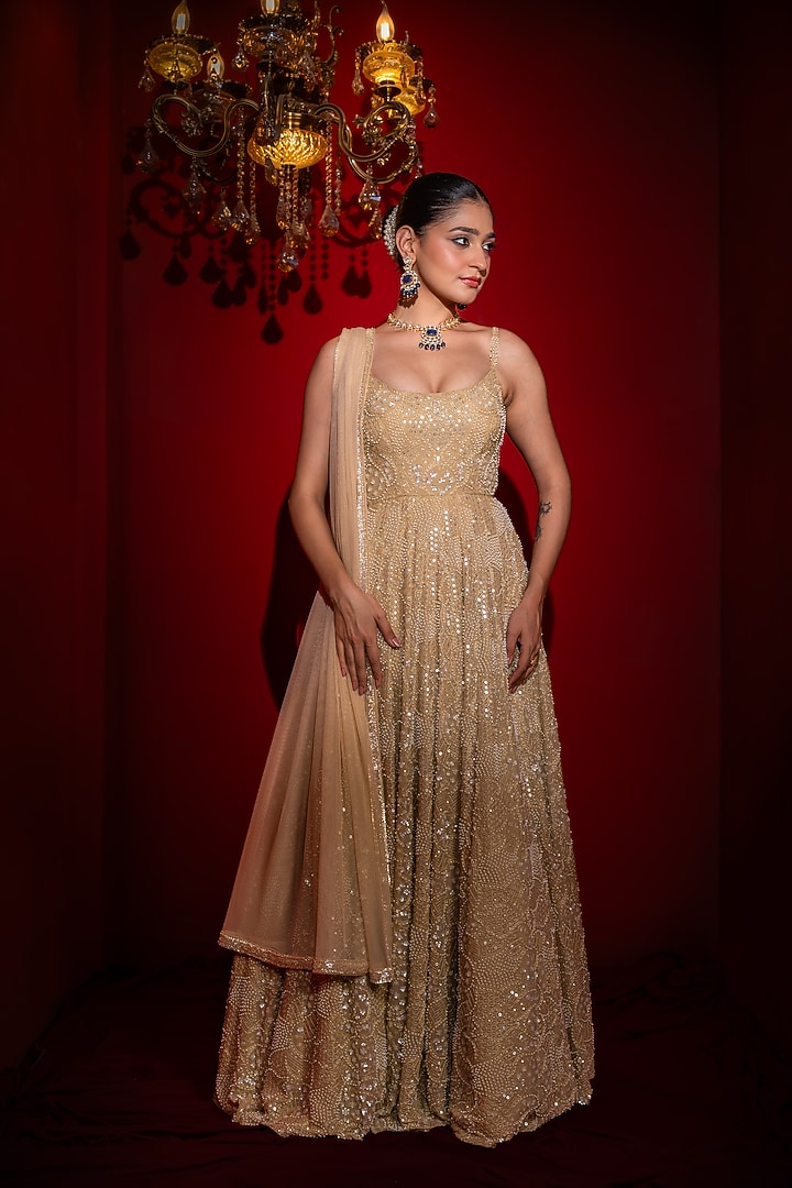 Champagne Gold Viscose Georgette Sequins Embroidered Wedding Anarkali Set by Renee Label at Pernia's Pop Up Shop