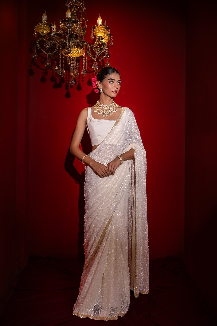 Ivory Viscose Georgette Sequins Embroidered Wedding Saree Set by Renee Label at Pernia's Pop Up Shop