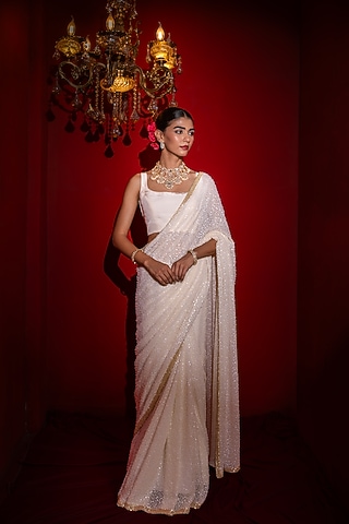 Ivory Viscose Georgette Sequins Embroidered Saree Set by Renee Label