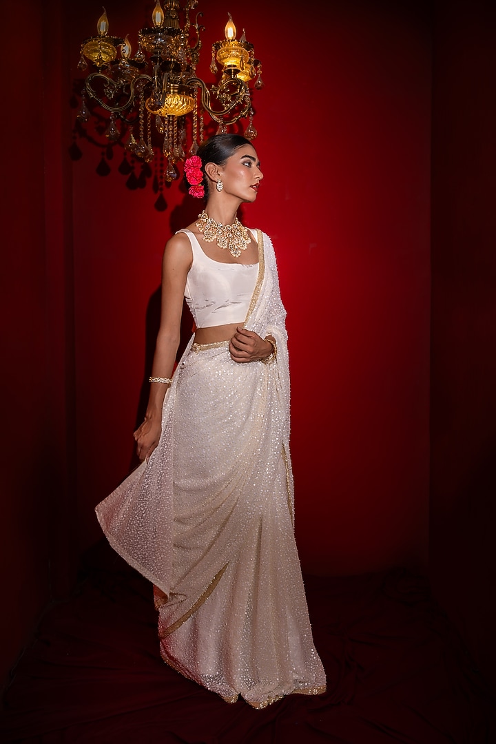 Ivory Viscose Georgette Sequins Embroidered Wedding Saree Set by Renee Label at Pernia's Pop Up Shop