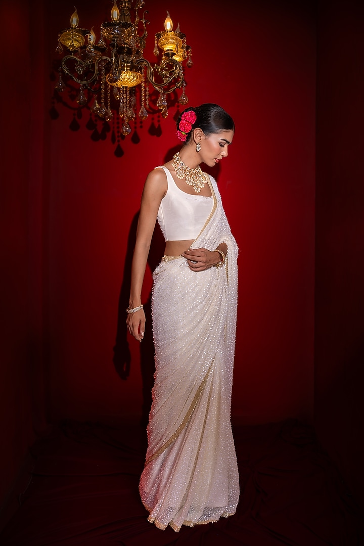 Ivory Viscose Georgette Sequins Embroidered Wedding Saree Set by Renee Label at Pernia's Pop Up Shop