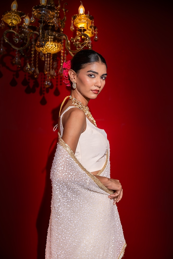 Ivory Viscose Georgette Sequins Embroidered Wedding Saree Set by Renee Label at Pernia's Pop Up Shop