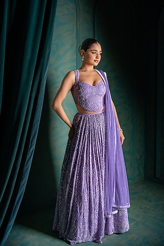 Lavender Viscose Georgette Sequins Embroidered Lehenga Set by Renee Label