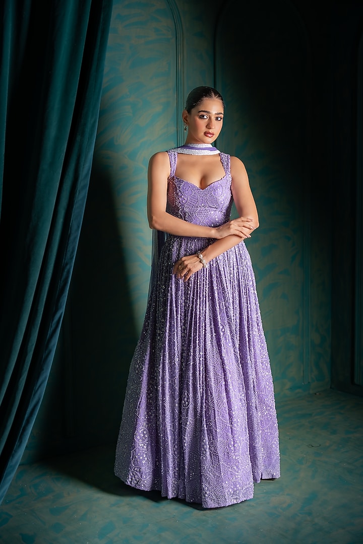 Lavender Viscose Georgette Sequins Embroidered Wedding Lehenga Set by Renee Label at Pernia's Pop Up Shop