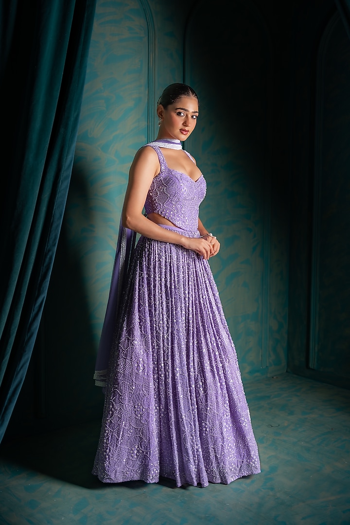 Lavender Viscose Georgette Sequins Embroidered Wedding Lehenga Set by Renee Label at Pernia's Pop Up Shop