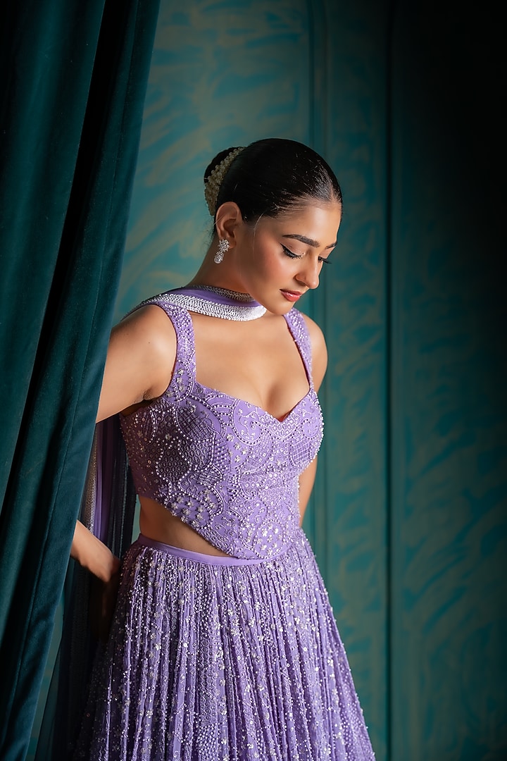 Lavender Viscose Georgette Sequins Embroidered Wedding Lehenga Set by Renee Label at Pernia's Pop Up Shop