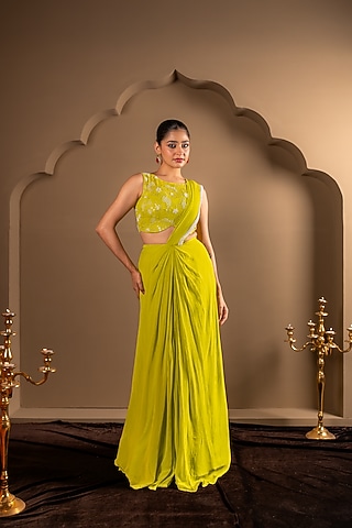 Green Viscose Georgette Embroidered Pre-Draped Saree Set by Renee Label