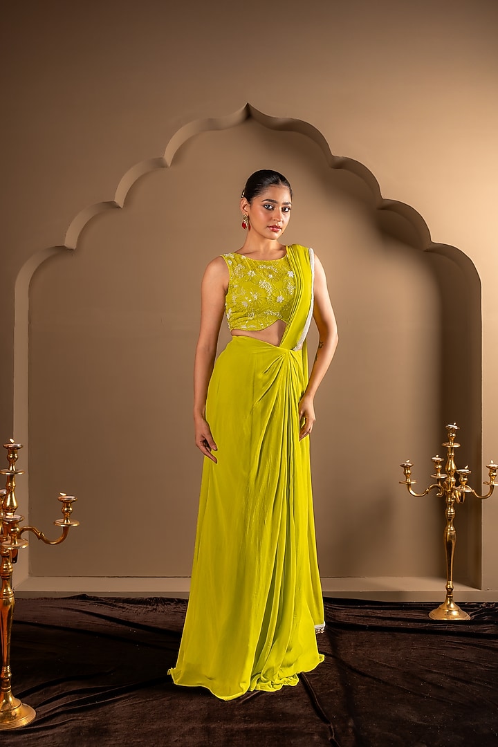 Green Viscose Georgette Embroidered Pre-Draped Party Wear Saree Set by Renee Label at Pernia's Pop Up Shop