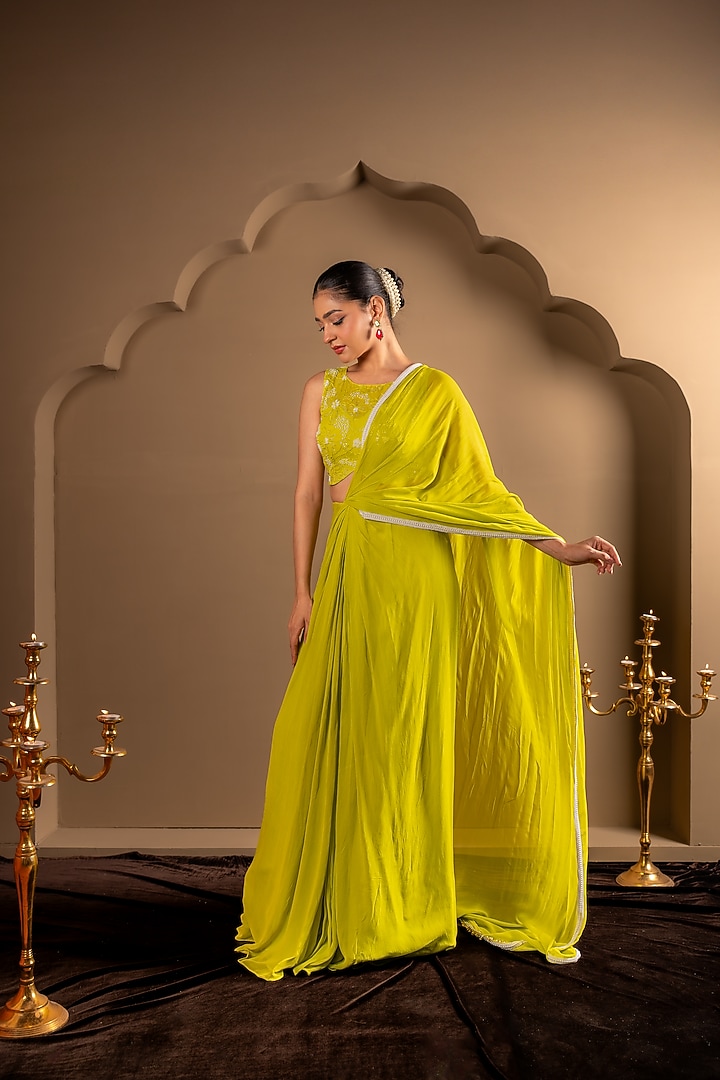 Green Viscose Georgette Embroidered Pre-Draped Party Wear Saree Set by Renee Label at Pernia's Pop Up Shop