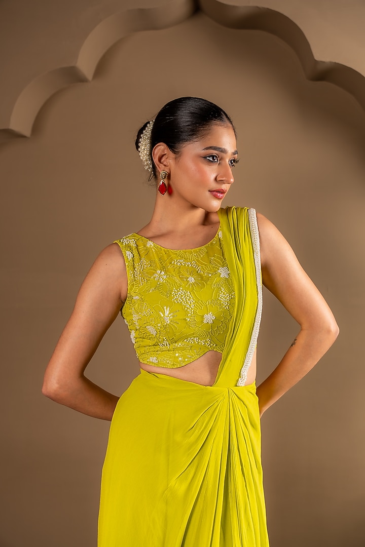Green Viscose Georgette Embroidered Pre-Draped Party Wear Saree Set by Renee Label at Pernia's Pop Up Shop
