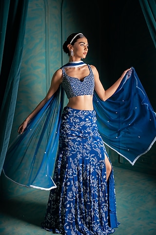 Blue Viscose Georgette Sequins Embroidered Fish-Cut Lehenga Set by Renee Label