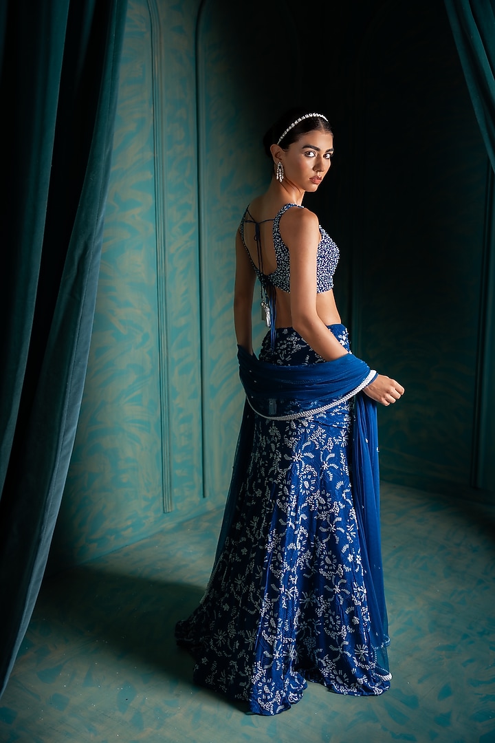 Blue Viscose Georgette Sequins Embroidered Fish-Cut Wedding Lehenga Set by Renee Label at Pernia's Pop Up Shop