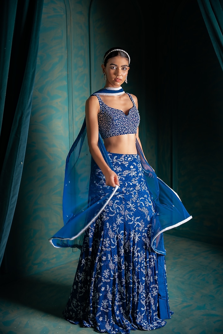 Blue Viscose Georgette Sequins Embroidered Fish-Cut Wedding Lehenga Set by Renee Label at Pernia's Pop Up Shop