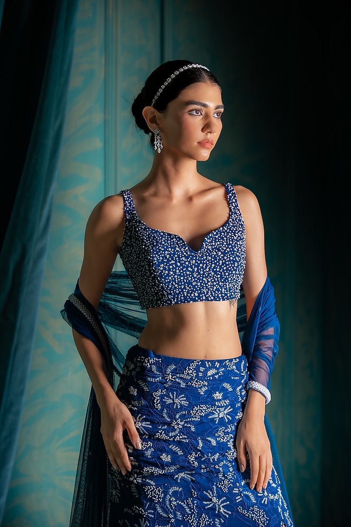 Blue Viscose Georgette Sequins Embroidered Fish-Cut Wedding Lehenga Set by Renee Label at Pernia's Pop Up Shop