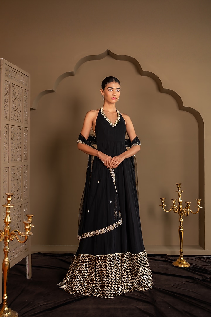 Black Viscose Georgette Sequins Embroidered Wedding Anarkali Set by Renee Label at Pernia's Pop Up Shop
