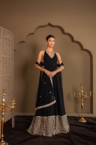 Black Viscose Georgette Sequins Embroidered Anarkali Set by Renee Label