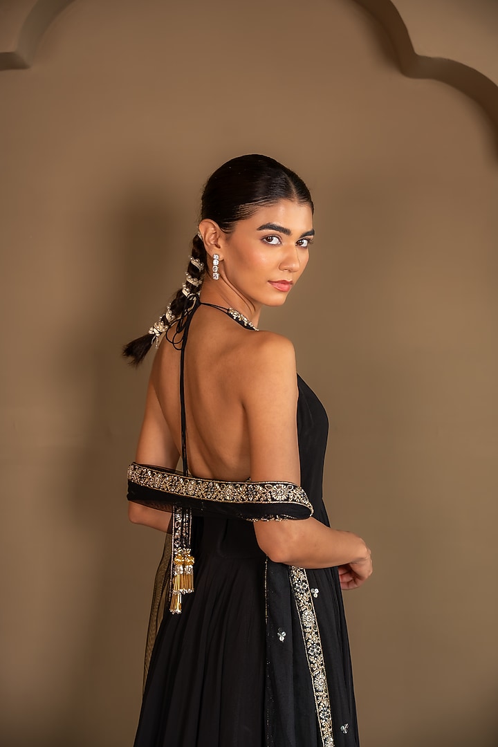 Black Viscose Georgette Sequins Embroidered Wedding Anarkali Set by Renee Label at Pernia's Pop Up Shop