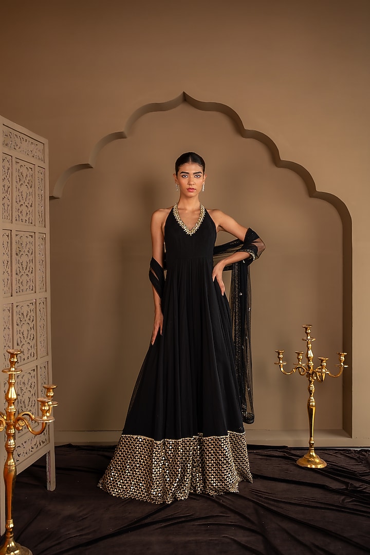 Black Viscose Georgette Sequins Embroidered Wedding Anarkali Set by Renee Label at Pernia's Pop Up Shop