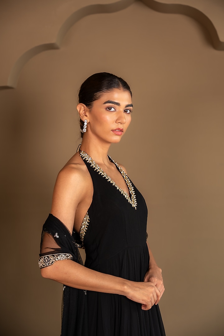 Black Viscose Georgette Sequins Embroidered Wedding Anarkali Set by Renee Label at Pernia's Pop Up Shop