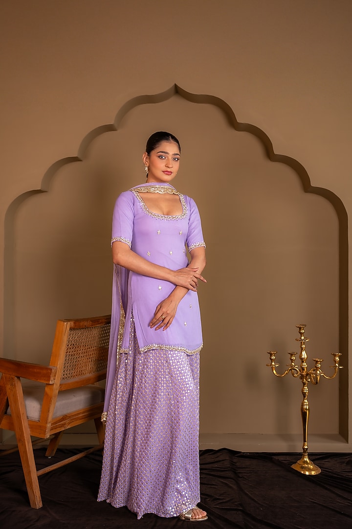 Purple Viscose Georgette Sequins Embroidered Wedding Sharara Set by Renee Label at Pernia's Pop Up Shop