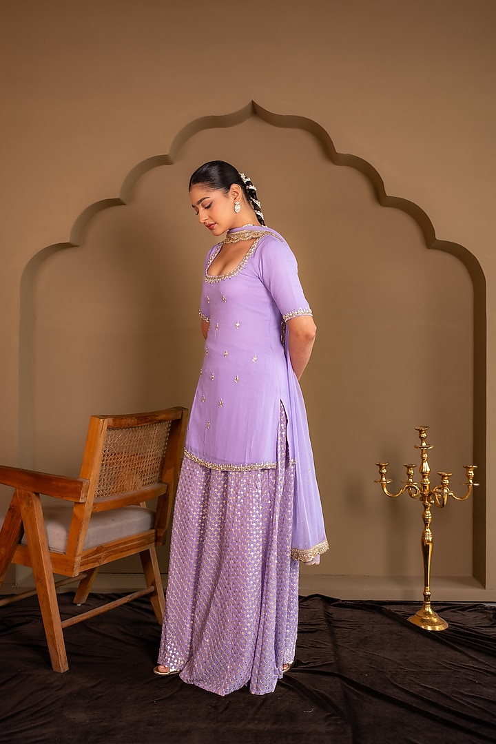 Purple Viscose Georgette Sequins Embroidered Wedding Sharara Set by Renee Label at Pernia's Pop Up Shop