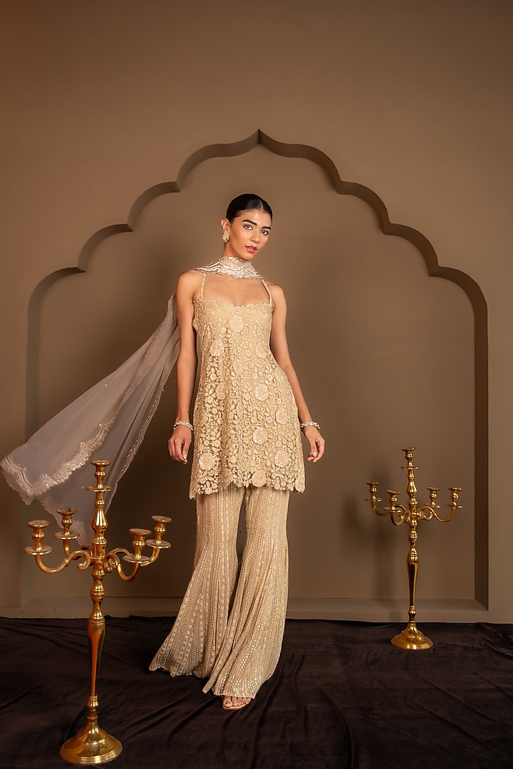 Champagne Gold Viscose Georgette Sequins Embroidered Wedding Sharara Set by Renee Label at Pernia's Pop Up Shop