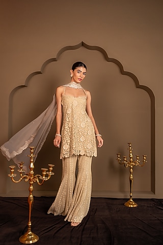 Champagne Gold Viscose Georgette Sequins Embroidered Sharara Set by Renee Label