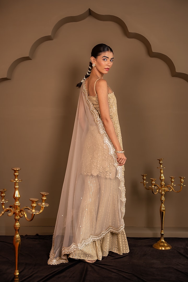 Champagne Gold Viscose Georgette Sequins Embroidered Wedding Sharara Set by Renee Label at Pernia's Pop Up Shop