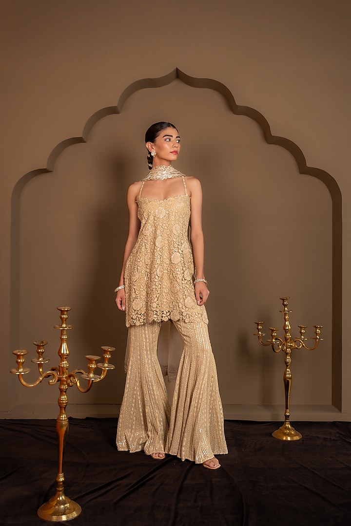Champagne Gold Viscose Georgette Sequins Embroidered Wedding Sharara Set by Renee Label at Pernia's Pop Up Shop