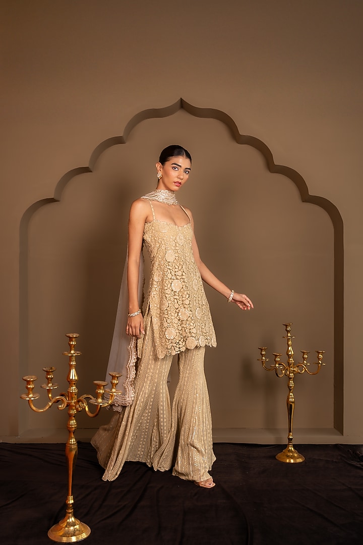 Champagne Gold Viscose Georgette Sequins Embroidered Wedding Sharara Set by Renee Label at Pernia's Pop Up Shop