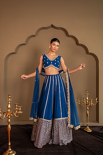 Blue Viscose Georgette Sequins Embroidered Wedding Lehenga Set by Renee Label at Pernia's Pop Up Shop