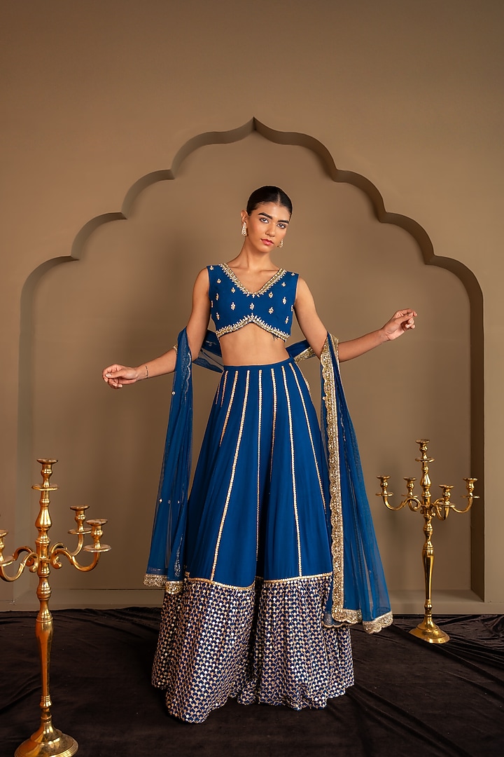 Blue Viscose Georgette Sequins Embroidered Wedding Lehenga Set by Renee Label at Pernia's Pop Up Shop