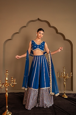 Blue Viscose Georgette Sequins Embroidered Lehenga Set by Renee Label