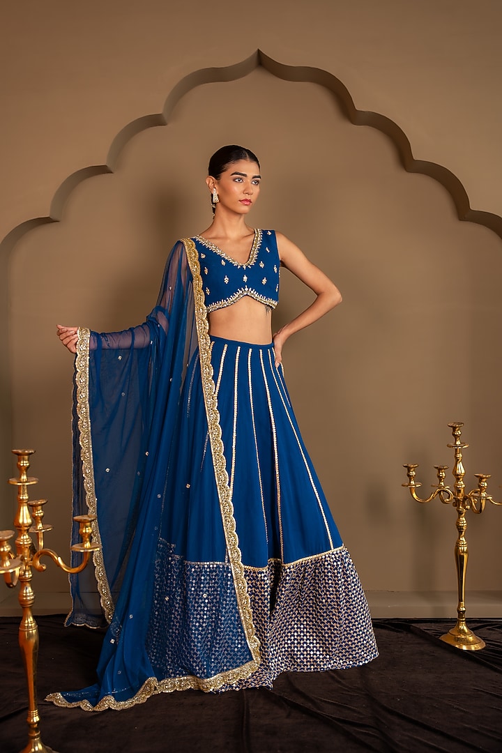 Blue Viscose Georgette Sequins Embroidered Wedding Lehenga Set by Renee Label at Pernia's Pop Up Shop