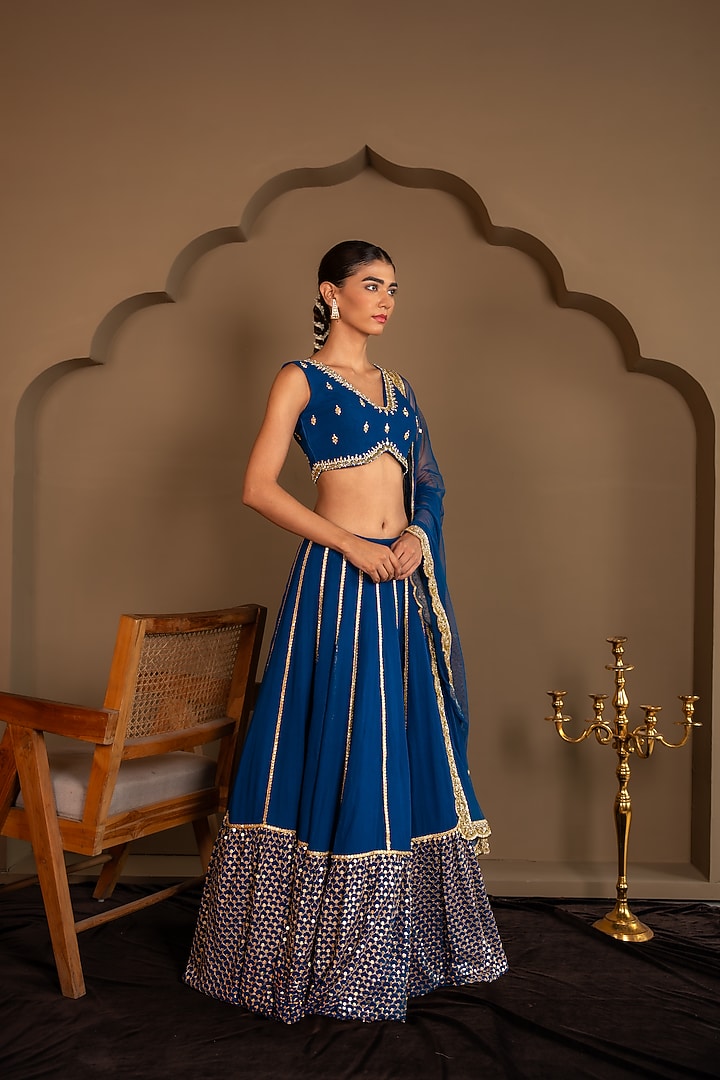Blue Viscose Georgette Sequins Embroidered Wedding Lehenga Set by Renee Label at Pernia's Pop Up Shop
