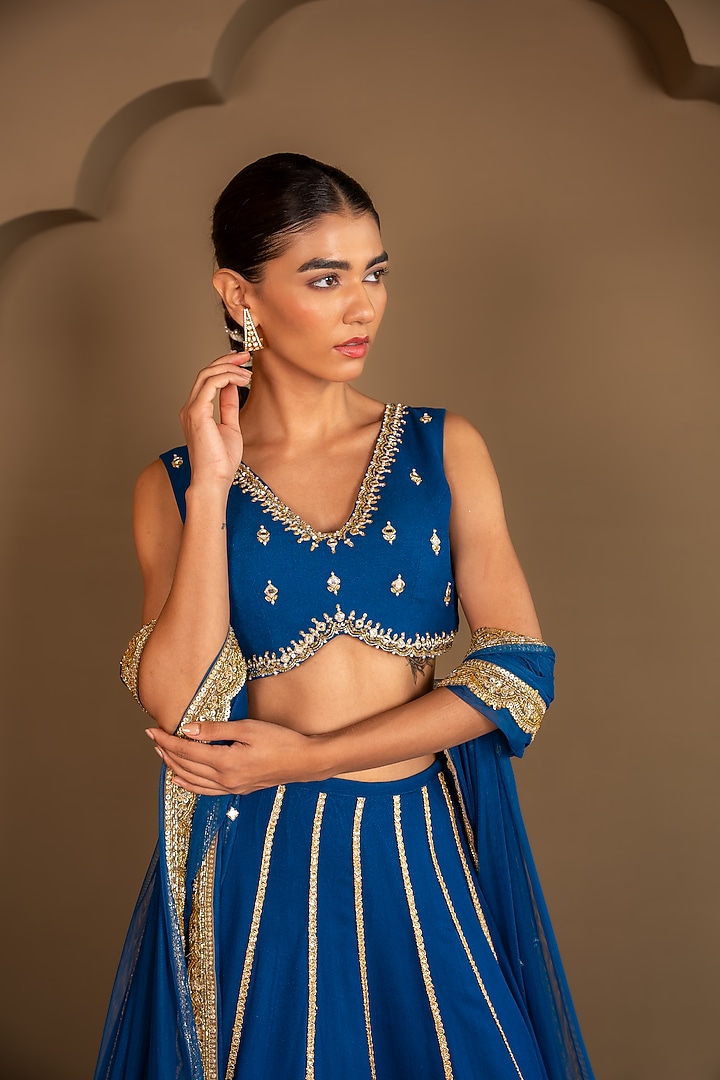 Blue Viscose Georgette Sequins Embroidered Wedding Lehenga Set by Renee Label at Pernia's Pop Up Shop
