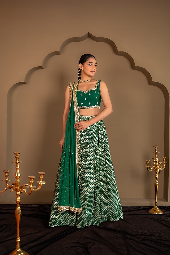 Emerald Green Viscose Georgette Sequins Embroidered Wedding Lehenga Set by Renee Label at Pernia's Pop Up Shop